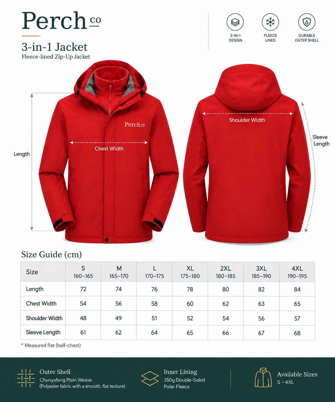 3-in-1 jacket size guide, S to 4XL
