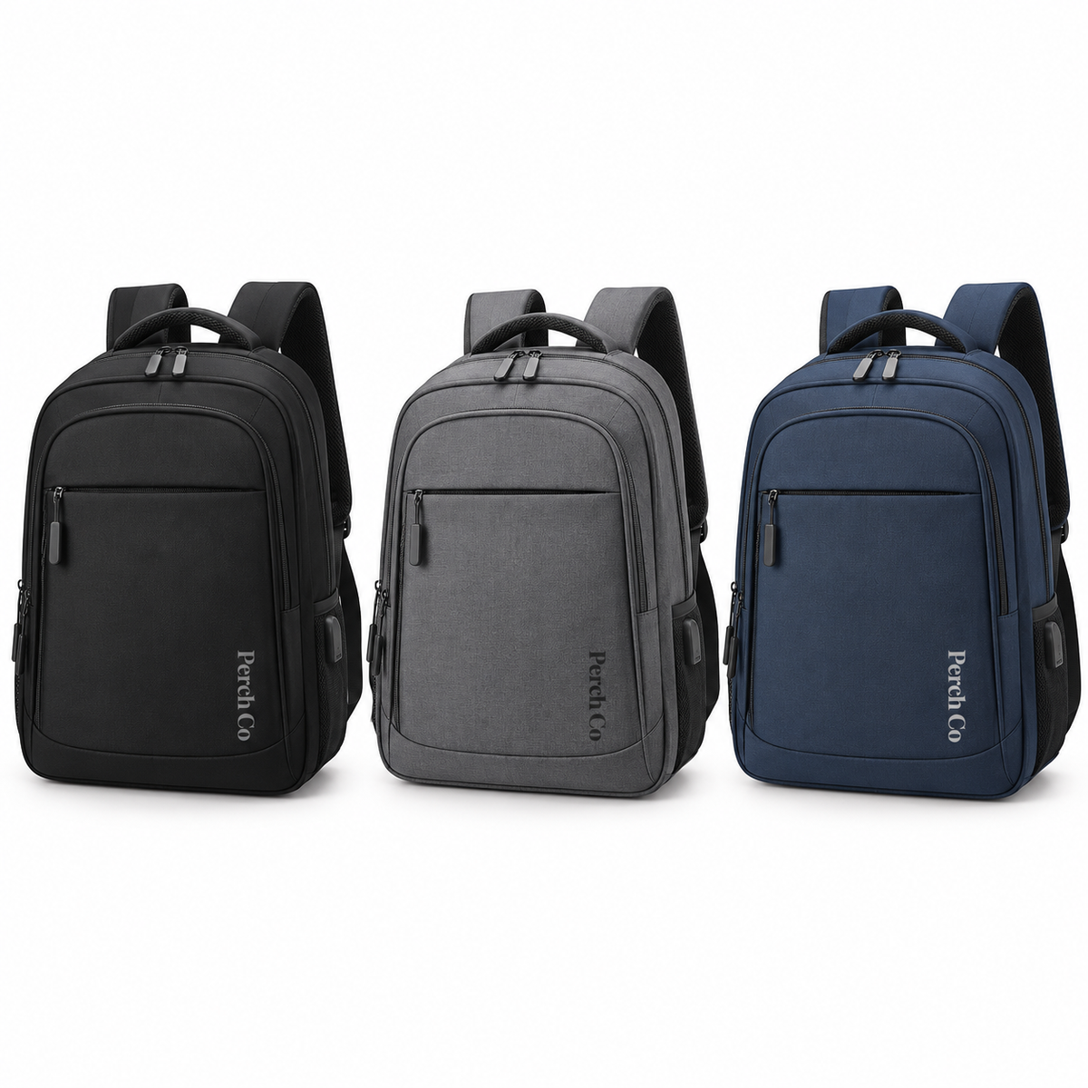 USB charging backpack in black, grey and navy