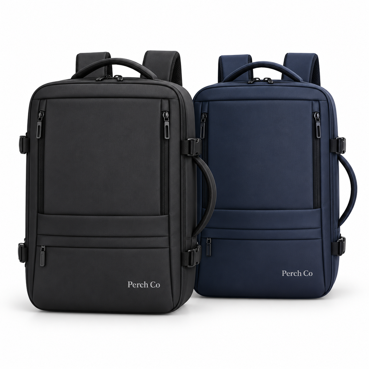 Expandable travel backpack in black and navy