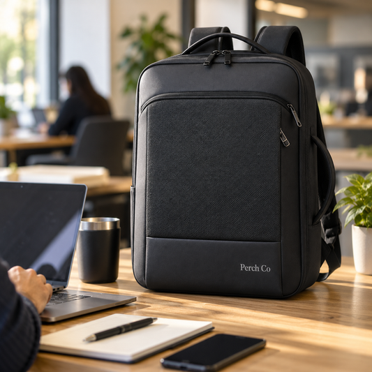 Multi-way business backpack on an office desk beside a laptop