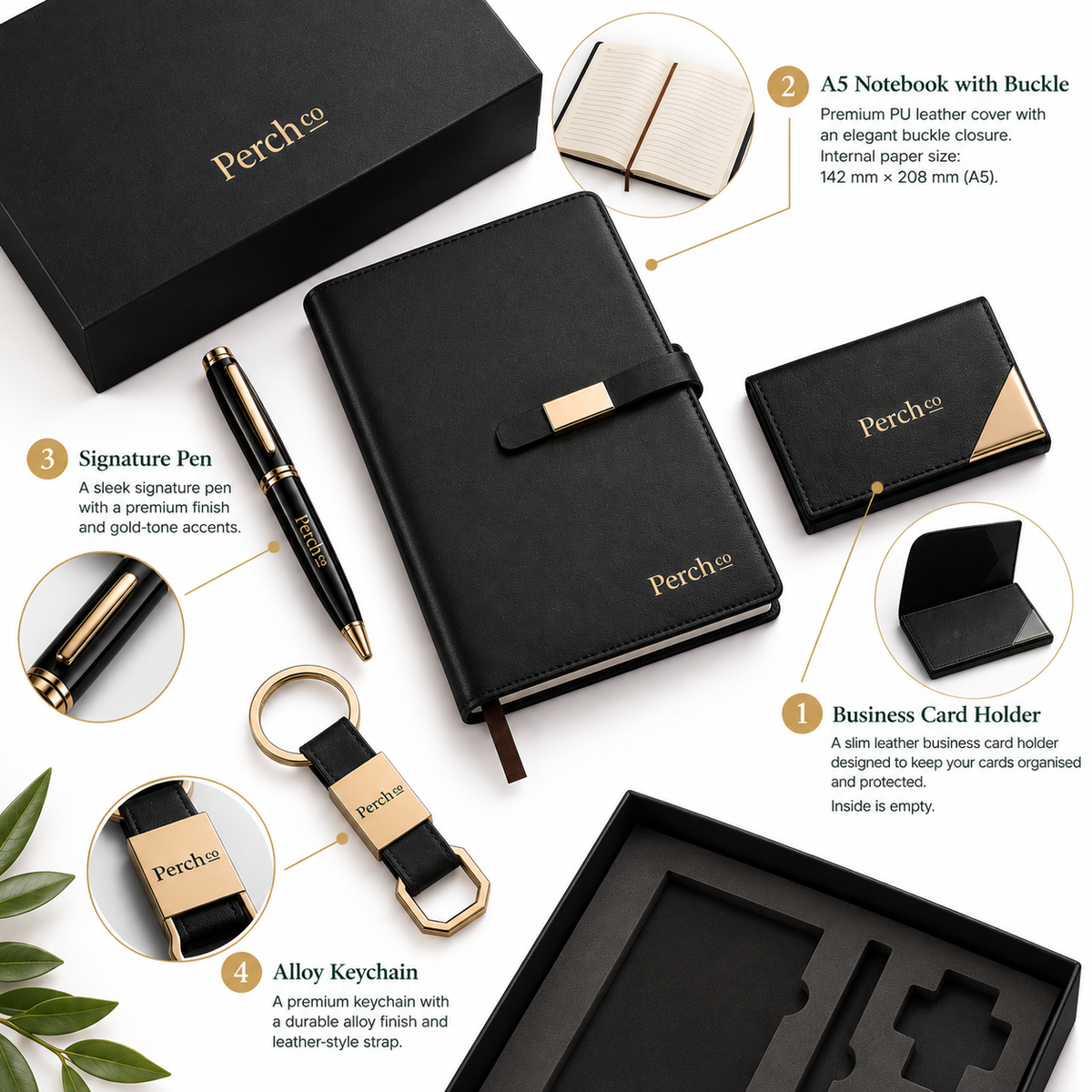 Pocket and desk gift set pieces: business card holder, A5 notebook with buckle, signature pen and keyring