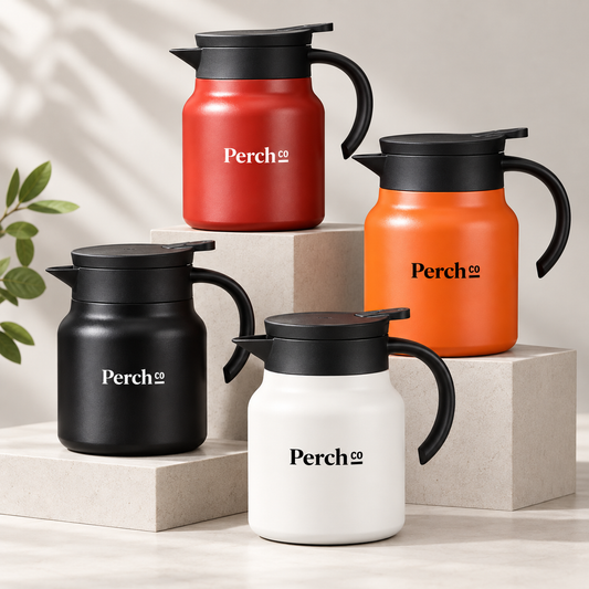 Insulated tea pots with temperature display in red, orange, black and white, branded with the Perch Co logo