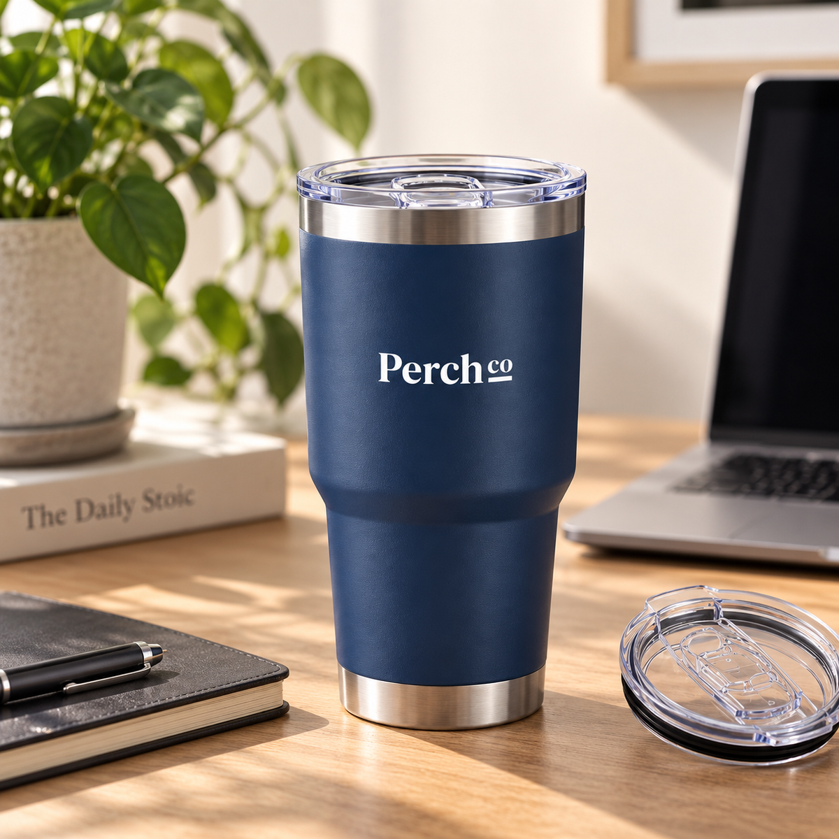Perch Co branded 890ml car cup in navy on a desk with the slide lid removed