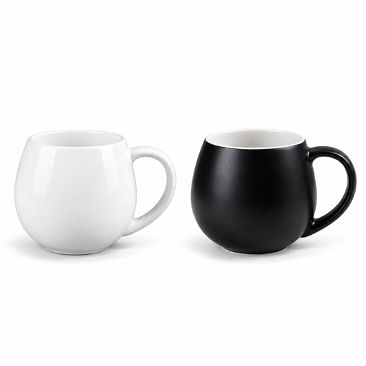 Ceramic bulb mugs in gloss white and matte black, branded with the Perch Co logo