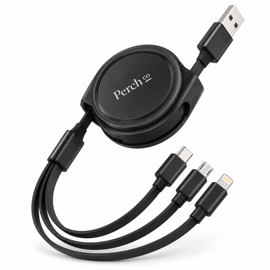 Retractable 3-in-1 charging cable wound into a branded spool