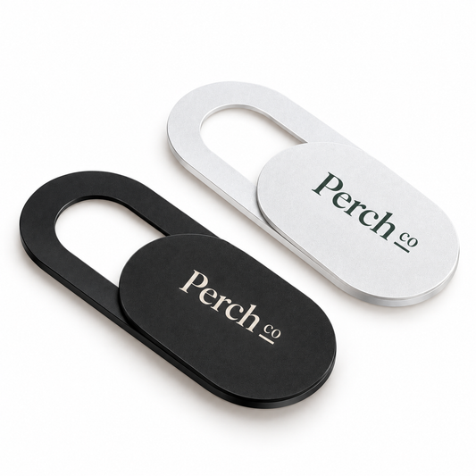 Sliding webcam covers in black and white, both with printed logos