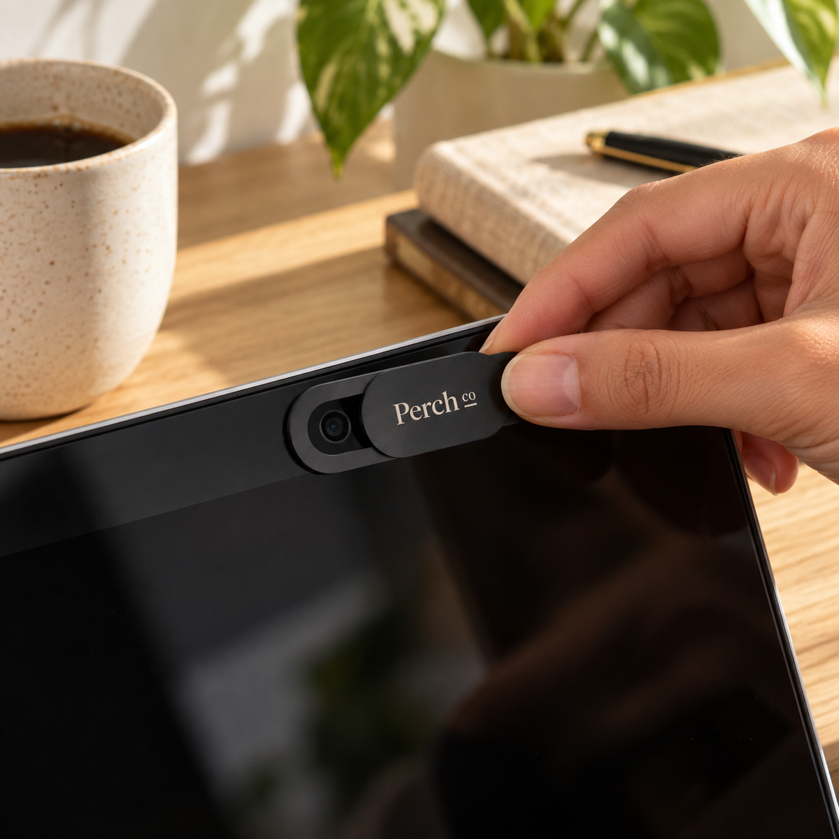 Branded webcam cover being slid open over a laptop camera