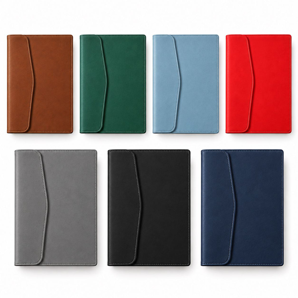 Stitched envelope folder in brown, green, light blue, red, grey, black and navy