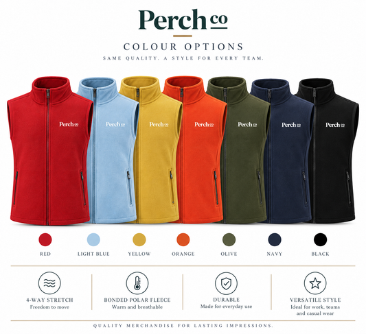 Bonded fleece vest in red, light blue, yellow, orange, olive, navy and black