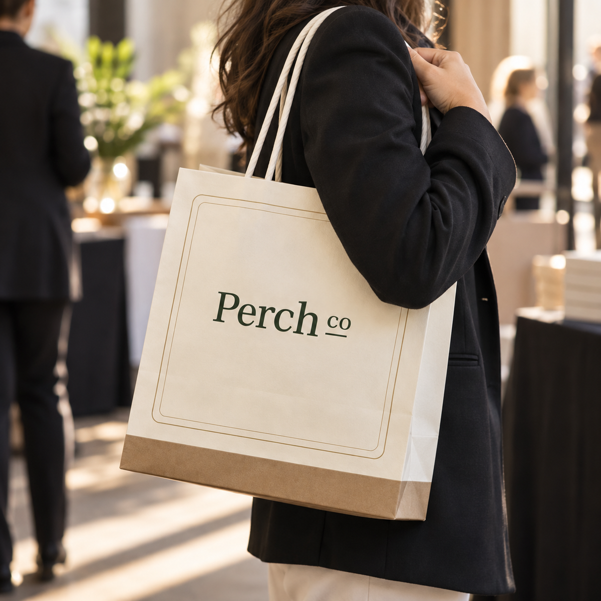 Branded paper trade show bag carried over the shoulder at an event