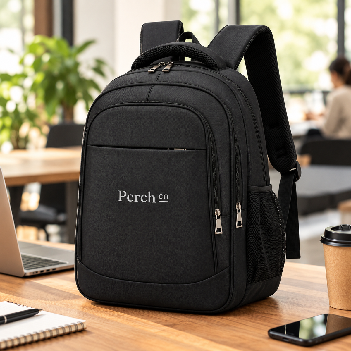 Branded 7-pocket backpack in an office