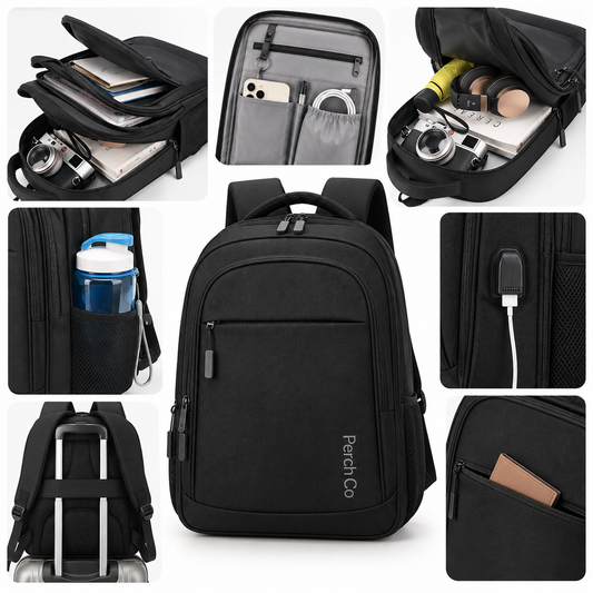 USB charging backpack features: organiser pockets, side bottle pocket, USB port, luggage strap and back pocket