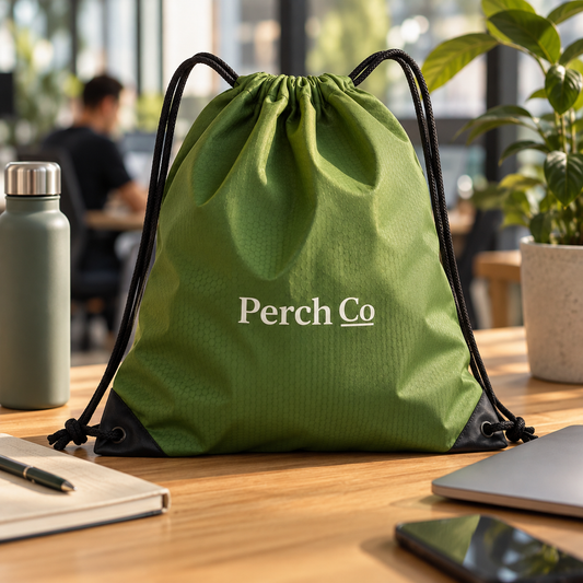 Branded green waterproof drawstring bag on a desk