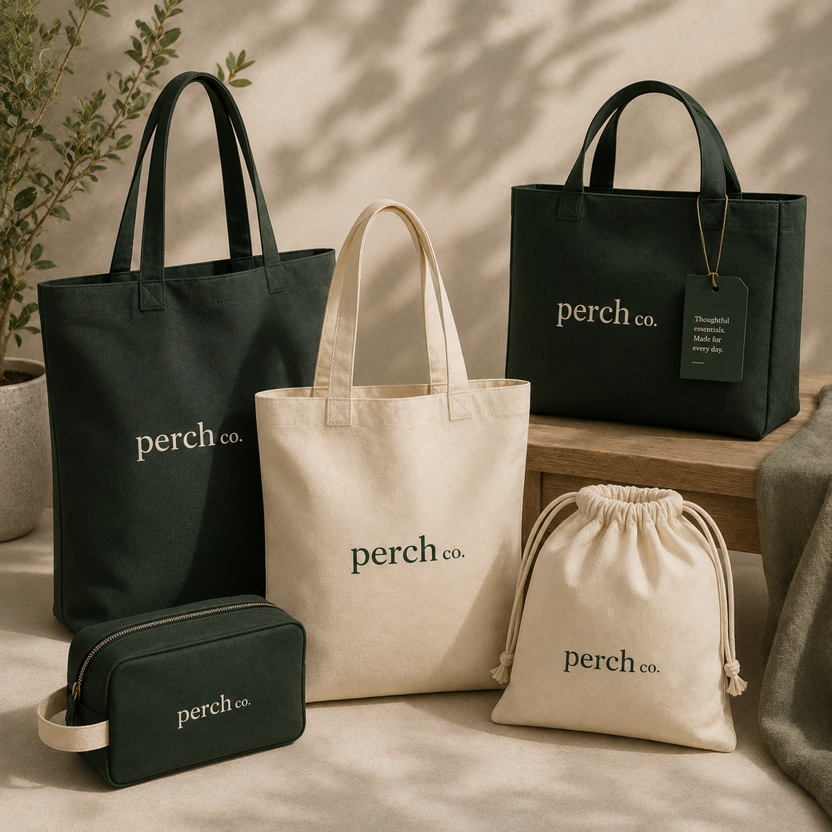 Branded tote bags, hoodies and caps by Perch Co
