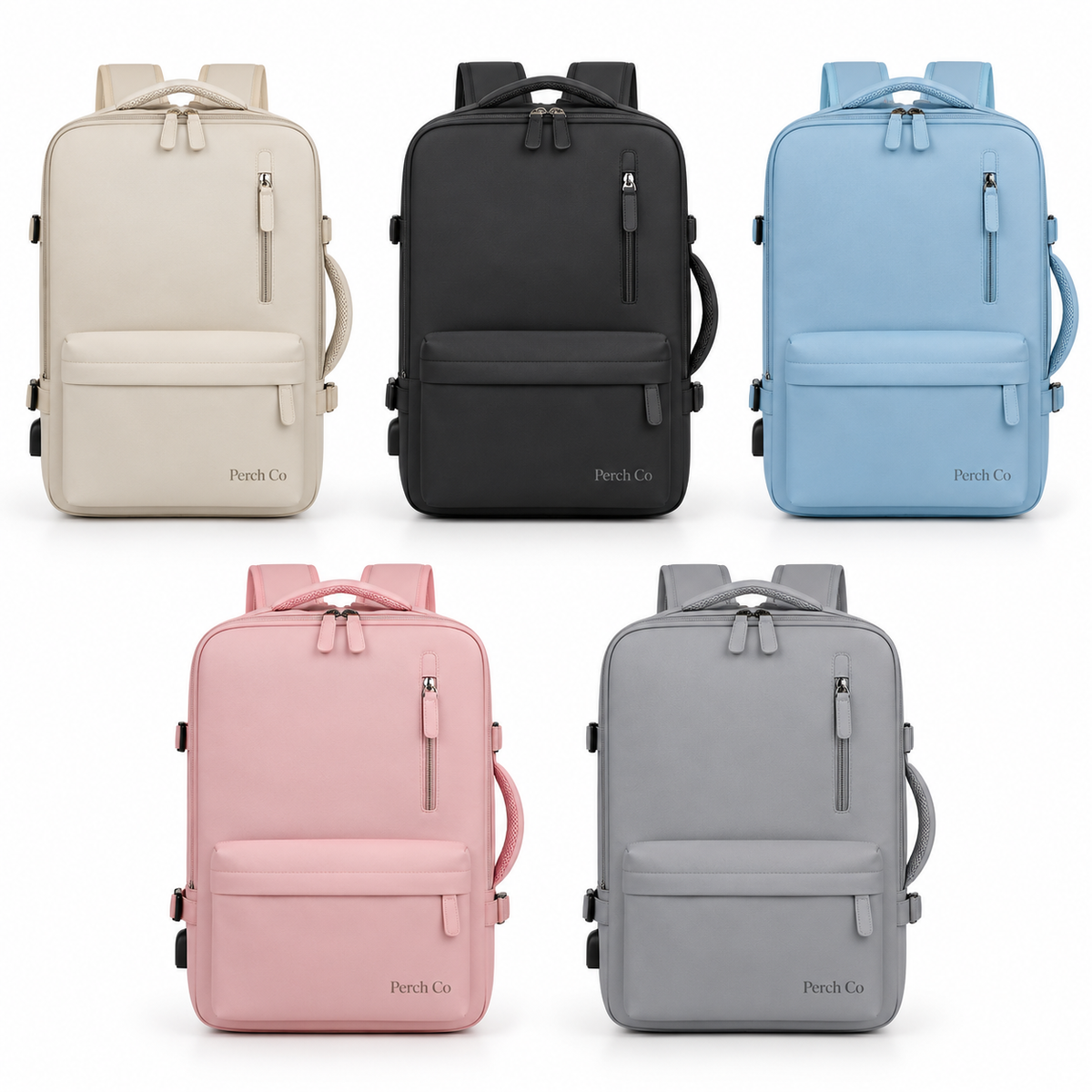 Carry-on travel backpack in cream, black, light blue, pink and grey