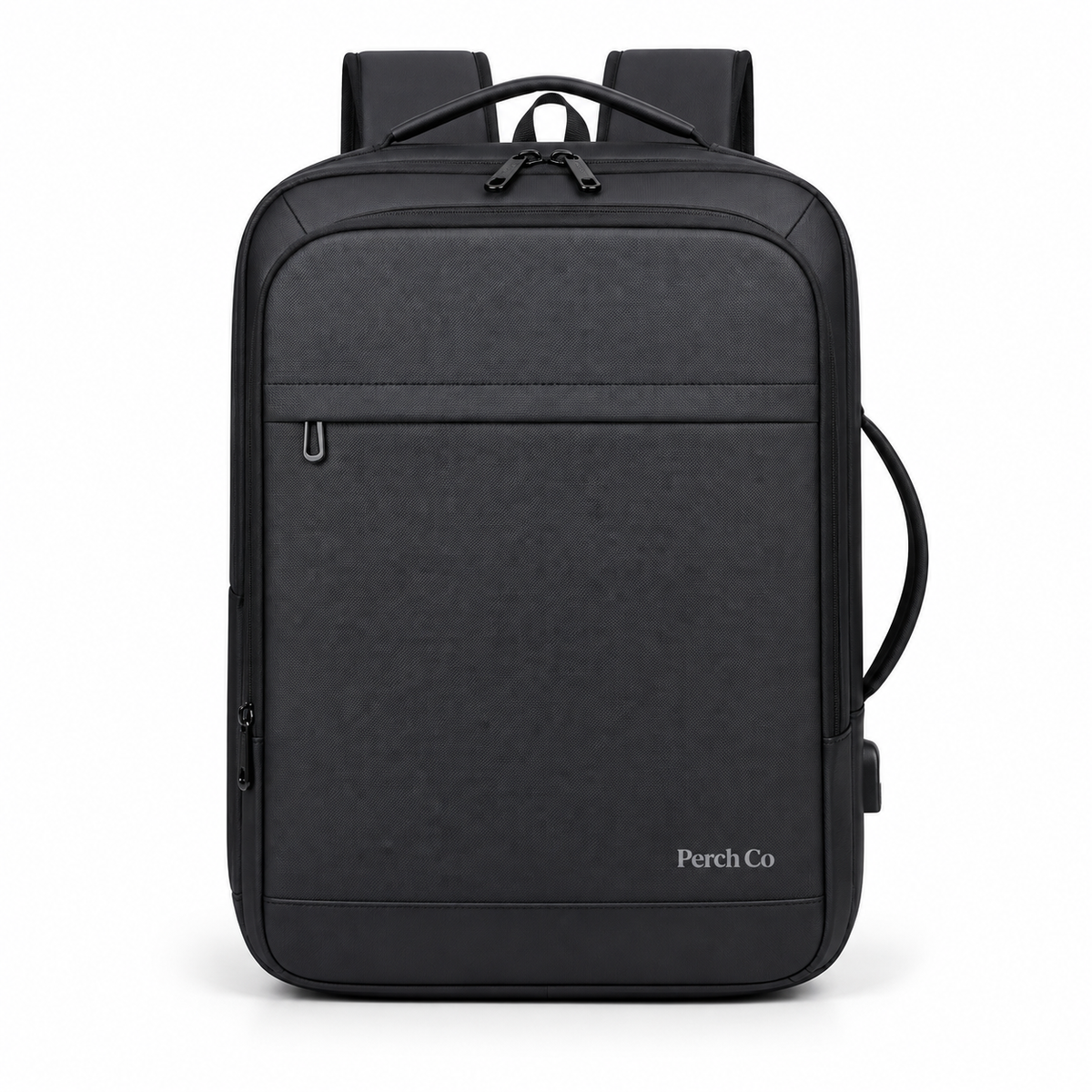 Black expandable business backpack with printed logo
