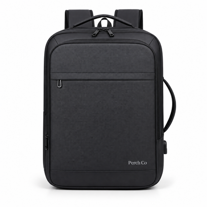 Black expandable business backpack with printed logo