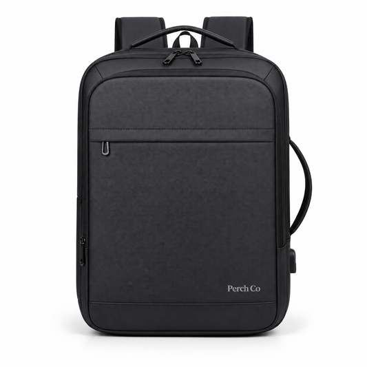 Black expandable business backpack with printed logo
