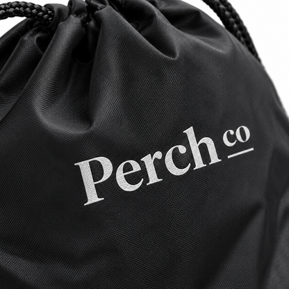 Close-up of the printed logo on the drawstring bag