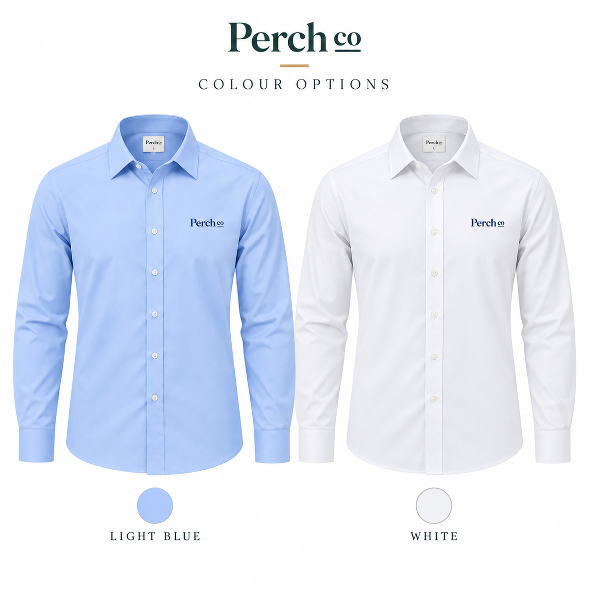 Work shirt colour options: light blue and white