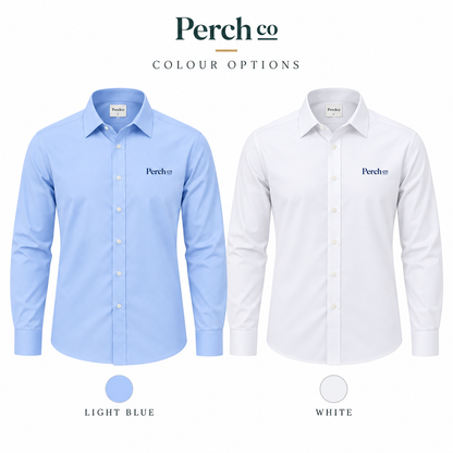 Work shirt colour options: light blue and white