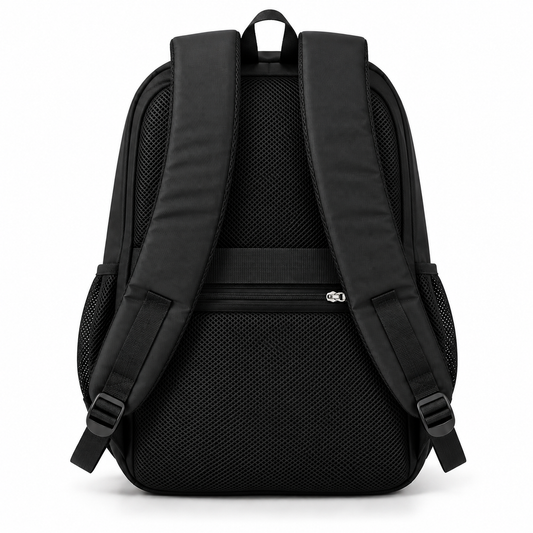Back of the 7-pocket backpack with padded mesh panel and straps