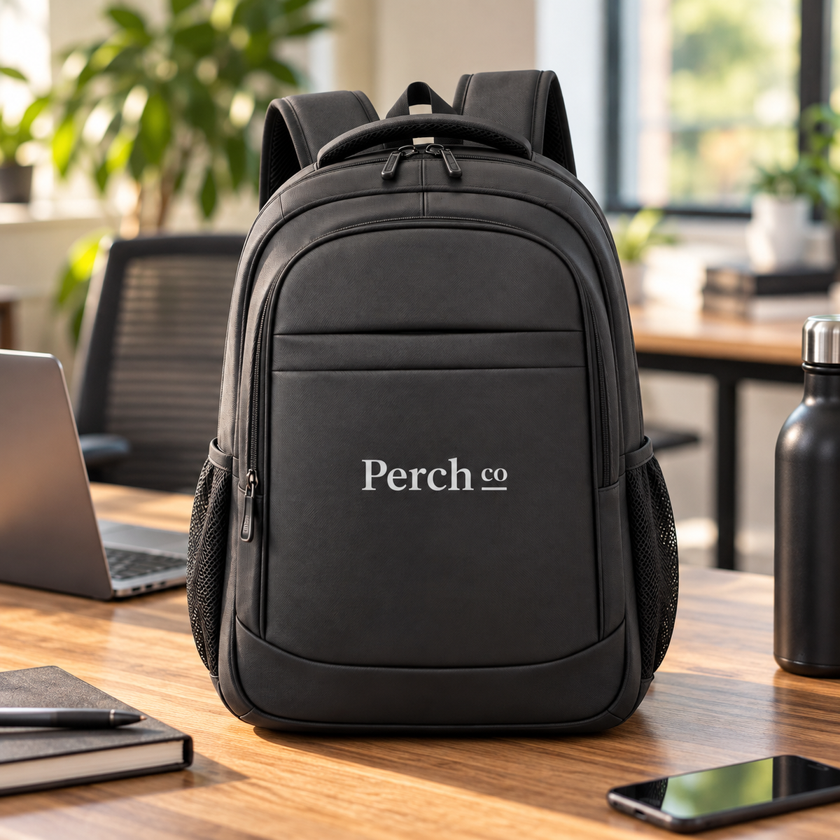 Branded laptop backpack beside a desk