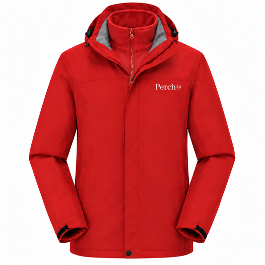 Red 3-in-1 jacket with hood and embroidered chest logo