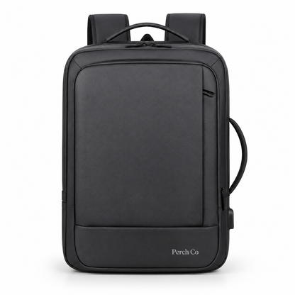 Slim black business backpack with side handle, USB port and printed logo