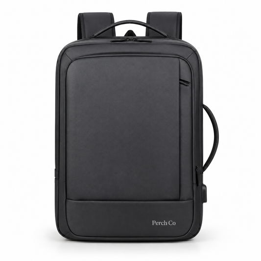 Slim black business backpack with side handle, USB port and printed logo