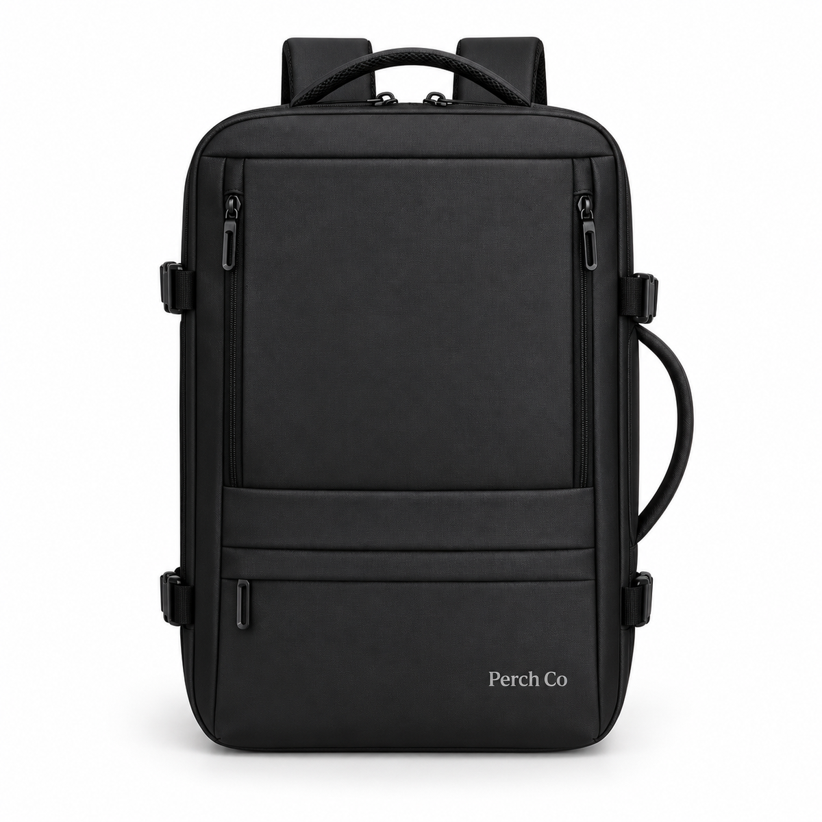 Black expandable travel backpack with printed logo