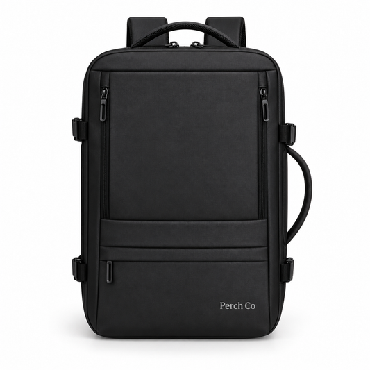 Black expandable travel backpack with printed logo