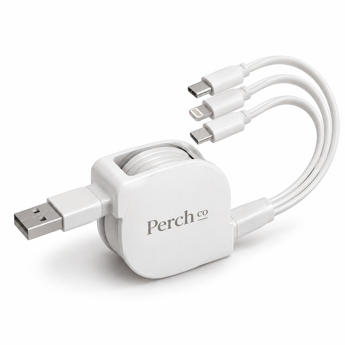 Retractable 3-in-1 charging cable with a square white branded housing
