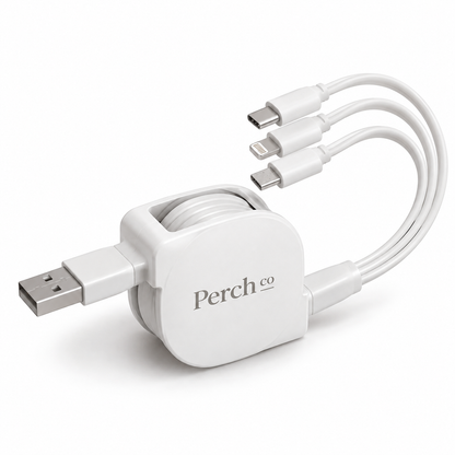 Retractable 3-in-1 charging cable with a square white branded housing
