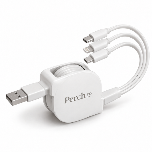 Retractable 3-in-1 charging cable with a square white branded housing