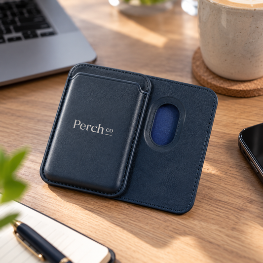 Branded navy phone card wallet folded open on a desk