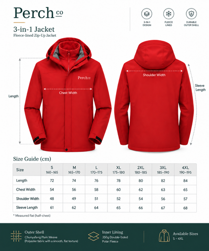3-in-1 jacket size guide, S to 4XL