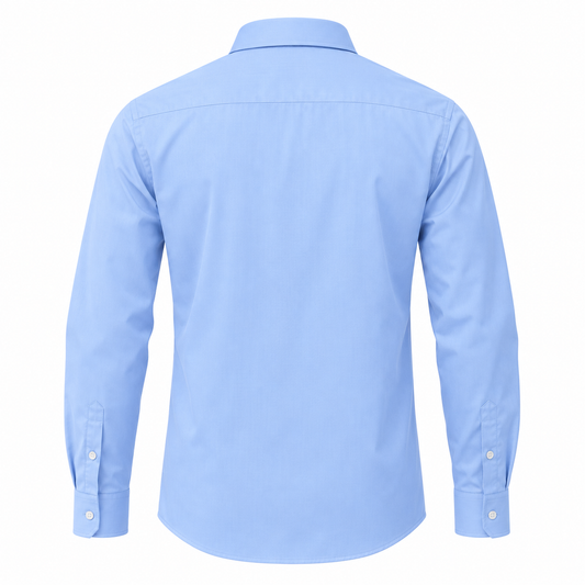 Back of the light blue cotton work shirt