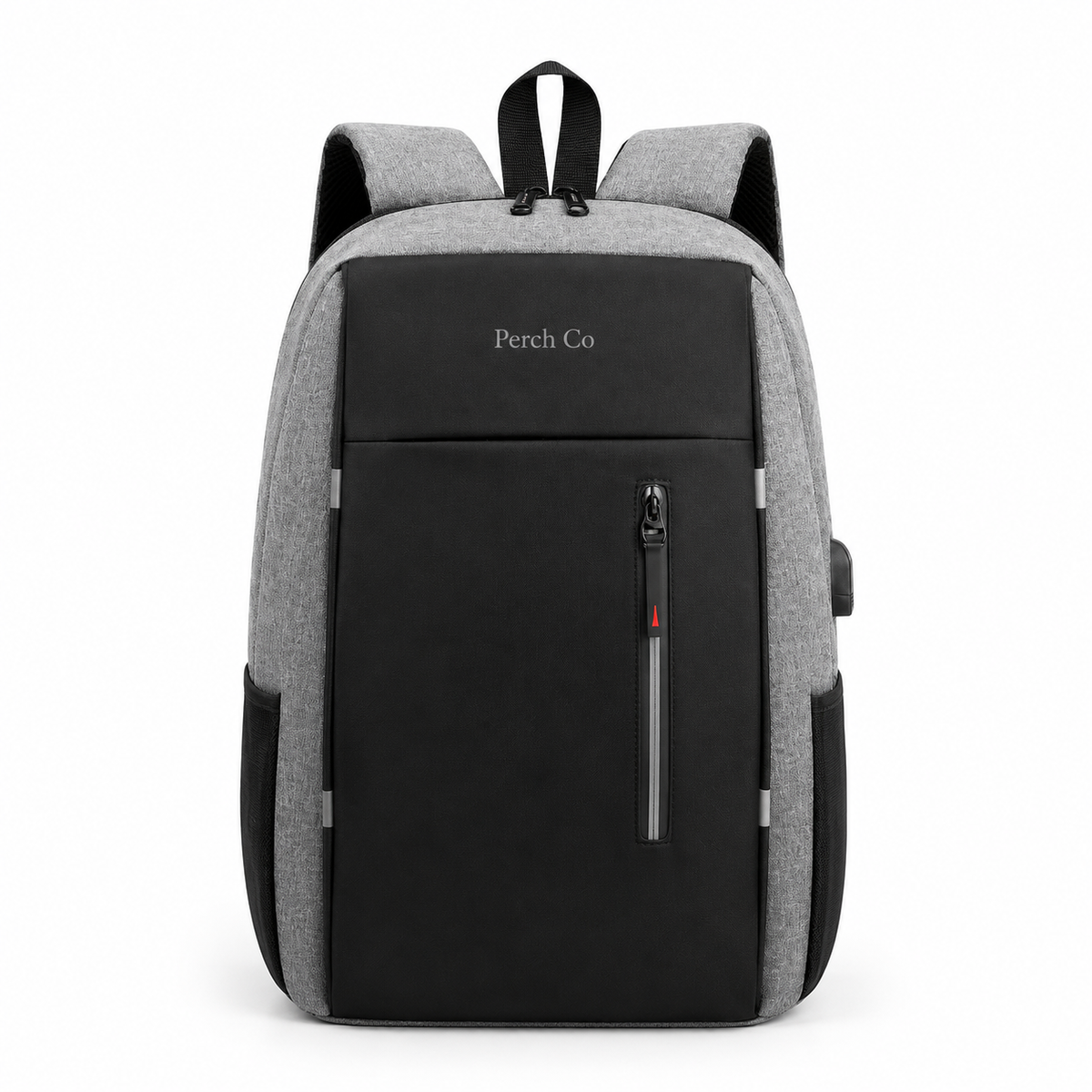 Black and grey contrast laptop backpack with vertical zip pocket and printed logo