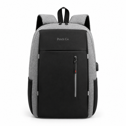Black and grey contrast laptop backpack with vertical zip pocket and printed logo