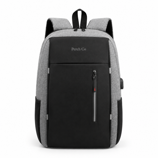 Black and grey contrast laptop backpack with vertical zip pocket and printed logo