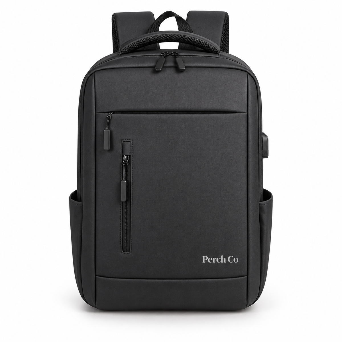 Black laptop backpack with vertical zip pocket and printed logo