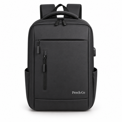 Black laptop backpack with vertical zip pocket and printed logo