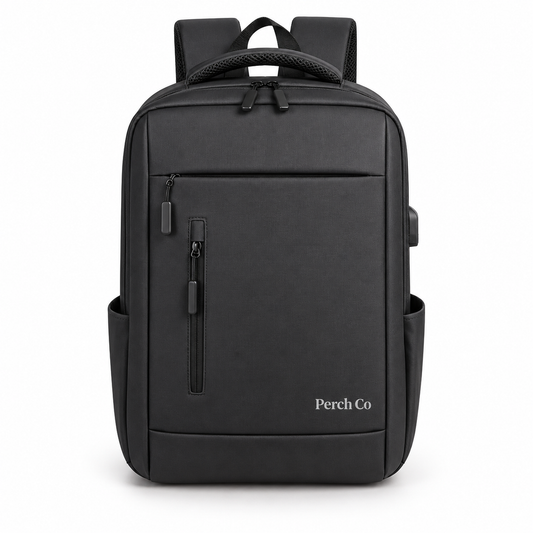 Black laptop backpack with vertical zip pocket and printed logo