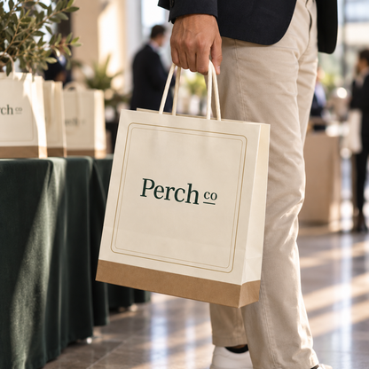Branded paper bag carried at an event