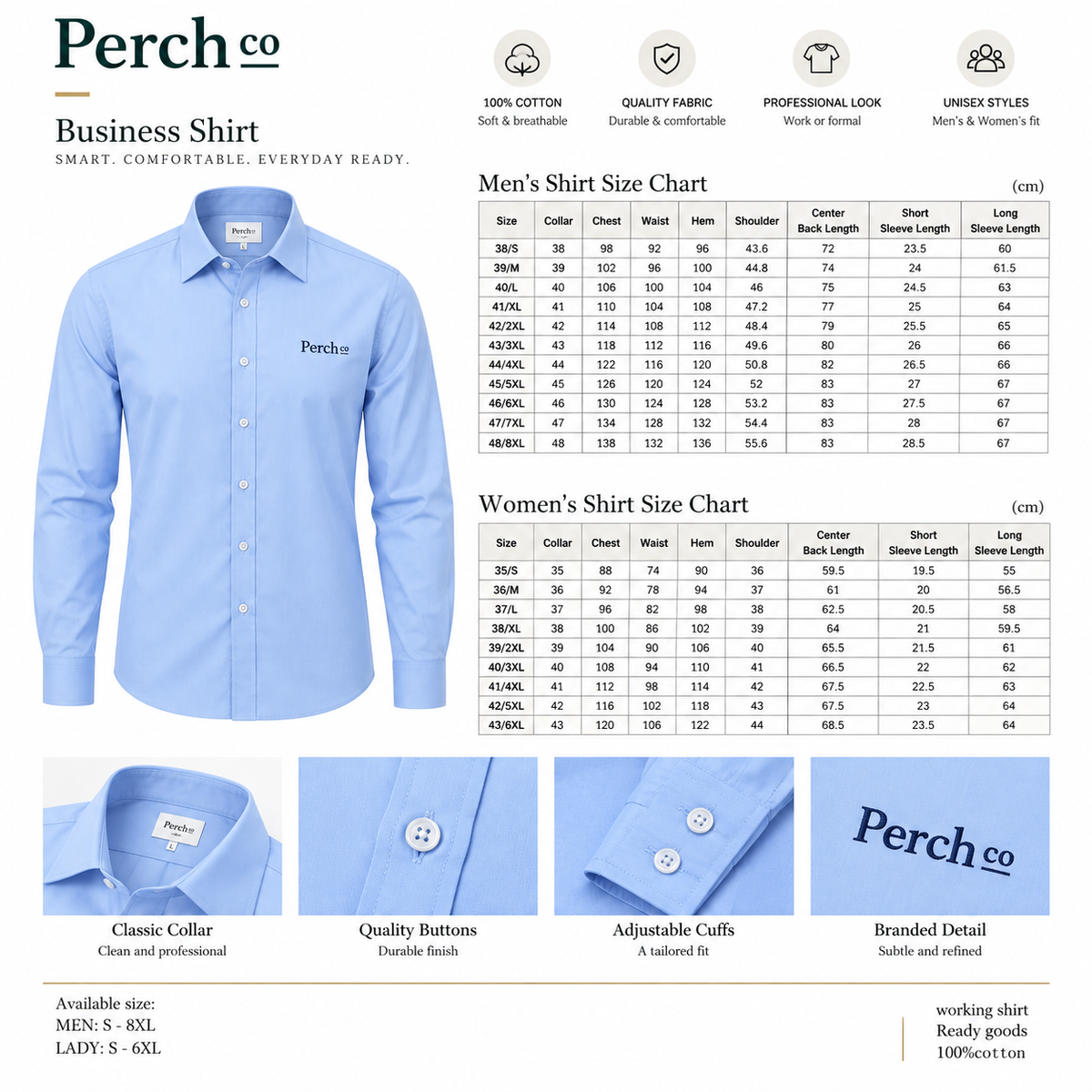 Work shirt size charts for men's S to 8XL and ladies' S to 6XL