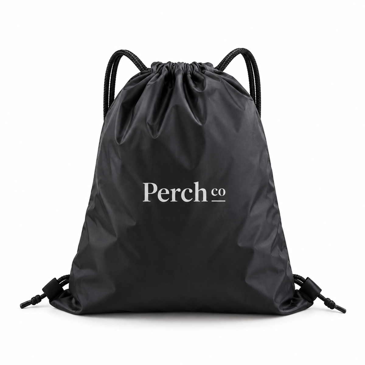 Black drawstring bag with printed logo