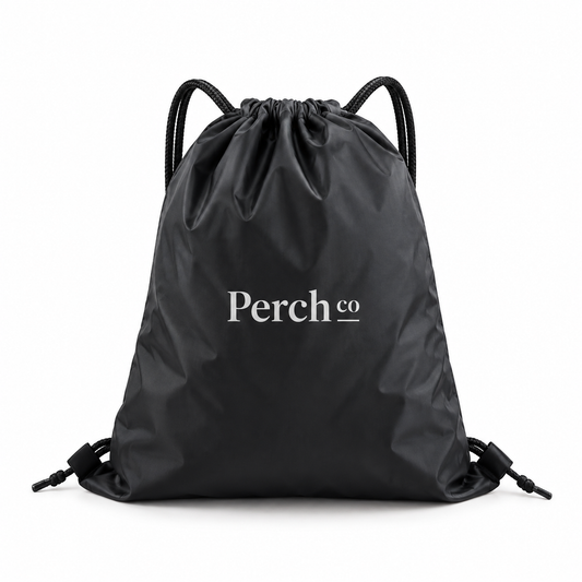 Black drawstring bag with printed logo