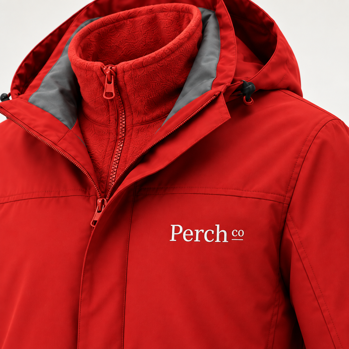 Close-up of the 3-in-1 jacket collar showing the fleece liner