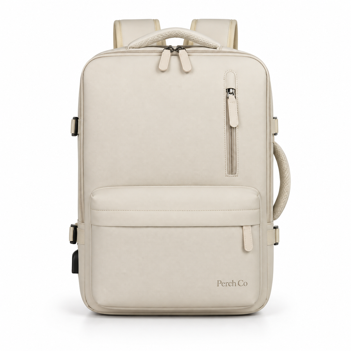 Cream carry-on travel backpack with printed logo